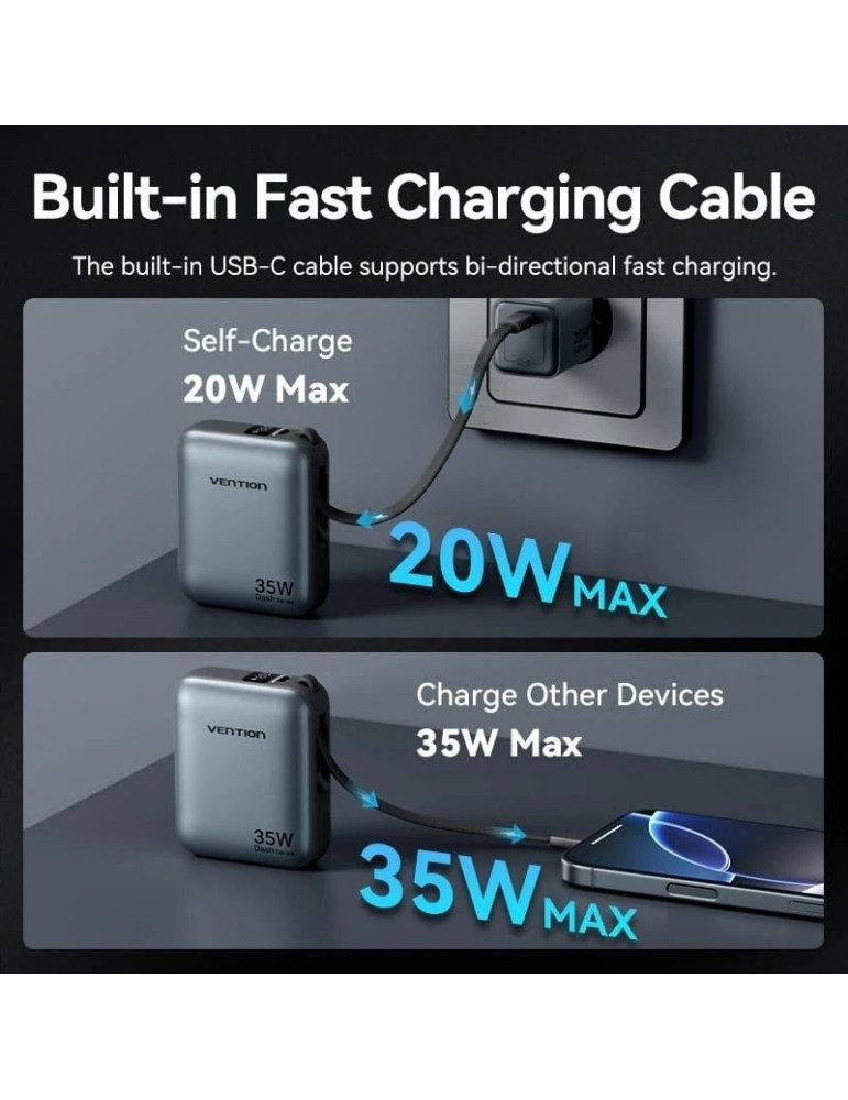 Powerbank 10000mAh Vention FHEH0/ 35W/ Gris/ Incluye Cable USB Tipo-C