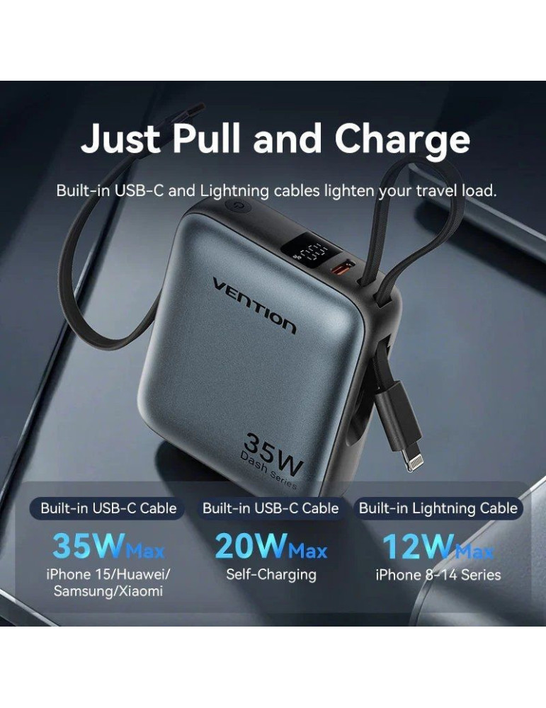 Powerbank 10000mAh Vention FHFN0/ 35W/ Gris/ Incluye Cable USB TIpo-C y Lightning