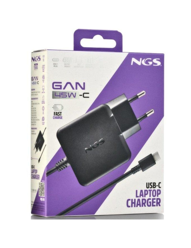 Cargador de Portátil NGS GAN 45W-C USB Tipo-C/ 45W/ Automático/ Voltaje 5-20V
