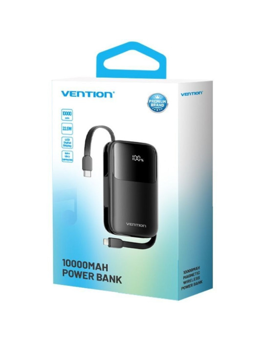 Powerbank 10000mAh Vention I11BA/ 22.5W/ Negra/ Incluye Cable USB Tipo-C y Lightning