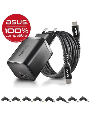 Cargador de Portátil GaN NGS BUD65W-AS para Asus/ 1xUSB Tipo-C/ 65W/ Automático/ 8 Conectores/ Voltaje 5-20V