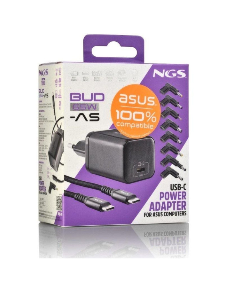 Cargador de Portátil GaN NGS BUD65W-AS para Asus/ 1xUSB Tipo-C/ 65W/ Automático/ 8 Conectores/ Voltaje 5-20V