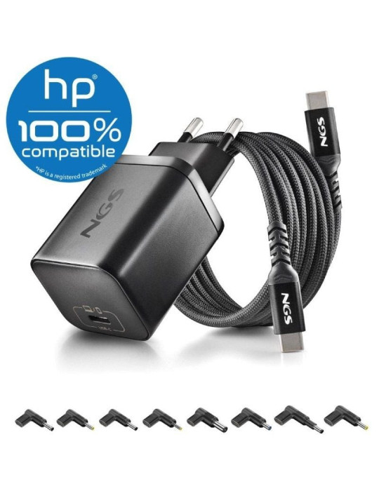 Cargador de Portátil GaN NGS BUD65W-H para HP/ 1xUSB Tipo-C/ 65W/ Automático/ 8 Conectores/ Voltaje 5-20V