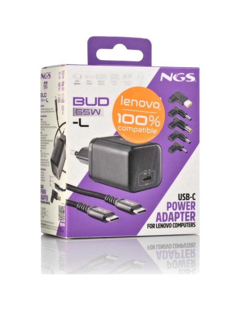 Cargador de Portátil GaN NGS BUD65W-L para Lenovo/ 1xUSB Tipo-C/ 65W/ Automático/ 5 Conectores/ Voltaje 5-20V