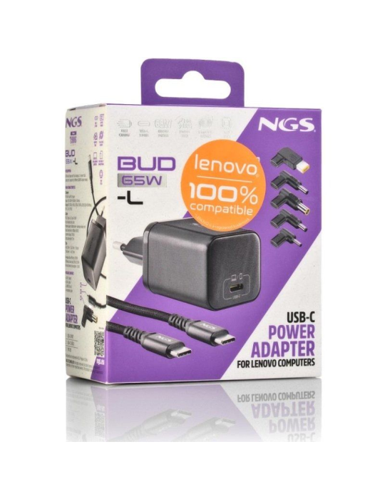 Cargador de Portátil GaN NGS BUD65W-L para Lenovo/ 1xUSB Tipo-C/ 65W/ Automático/ 5 Conectores/ Voltaje 5-20V
