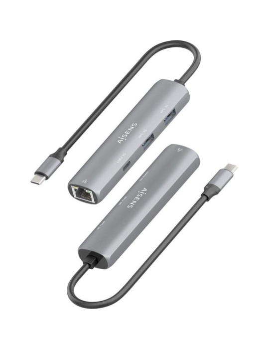 Hub USB Tipo-C Aisens ASUC-4P039-GR/ 1xUSB Tipo-C/ 2xUSB/ 1xRJ45/ Gris