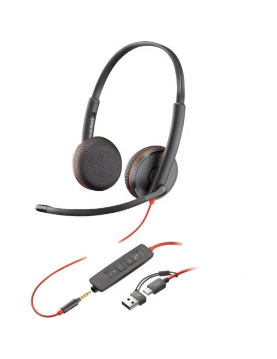 Auriculares Poly Blackwire 3225 + 3.5 mm + Adaptador USB-C/A/ con Micrófono/ Jack 3.5 - USB Tipo-C/ Bulk/ Negros