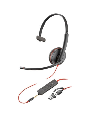 Auricular Poly Blackwire 3215 + 3.5mm + Adaptador USB-C/A/ con Micrófono/ Jack 3.5 - USB Tipo-C/ Bulk/ Negro