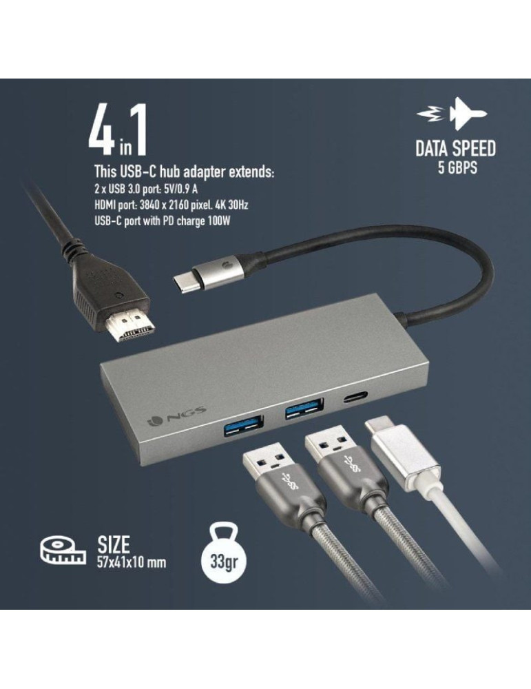 Docking USB Tipo-C NGS WonderDock4 Pro/ 2xUSB/ 1xUSB Tipo-C DP/ 1xHDMI 4K/ Gris