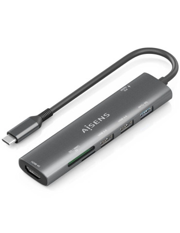 Docking USB Tipo-C Aisens ASUC-7P025-GR/ 1xHDMI 4K/ 3xUSB/ 1xUSB Tipo-C PD/ 1xLector Tarjetas/ Gris