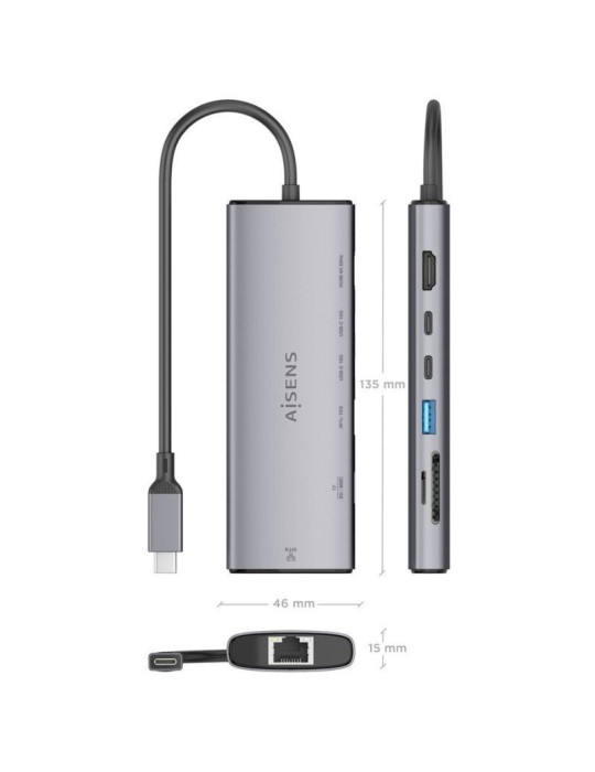 Docking USB Tipo-C Aisens ASUC-7P032-GR/ 1xHDMI 4K/ 1xUSB/ 2xUSB Tipo-C/ 1xRJ45/ 1xLector Tarjetas/ Gris