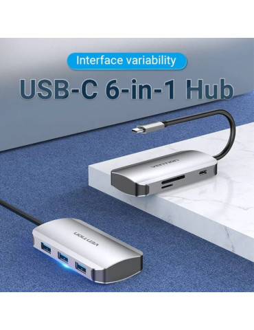 Docking USB Tipo-C Vention TNHHB/ 3xUSB/ 1xUSB Tipo-C PD/ 1xLector Tarjetas SD y MicroSD/ Gris 2