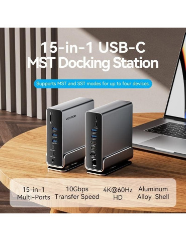 Docking USB Tipo-C Vention TPUH0/ 2xHDMI 4K/ 1xDisplayPort/ 3xUSB Tipo-C/ 5xUSB/ 1xRJ45/ 1xLector de Tarjetas/ 1xJack 3.5/ 1xUSB 2