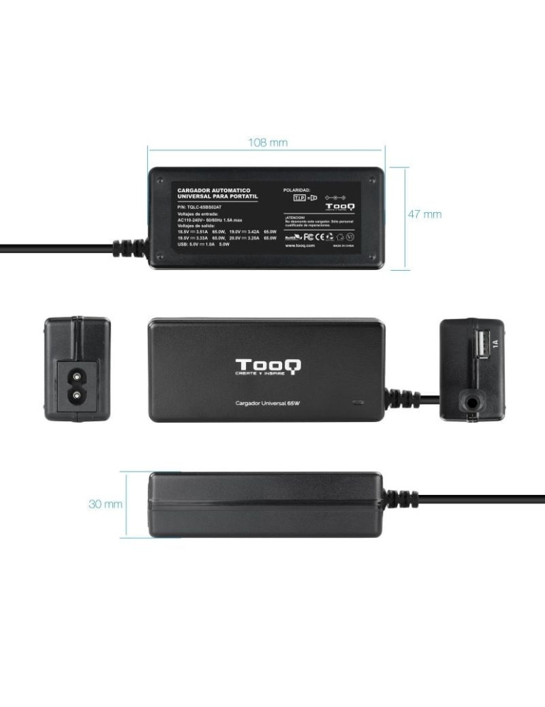 Cargador de Portátil TooQ TQLC-65BS02AT/ 65W/ 1xUSB/ Automático/ 8 Conectores/ Voltaje 18.5-20V/ 1 USB