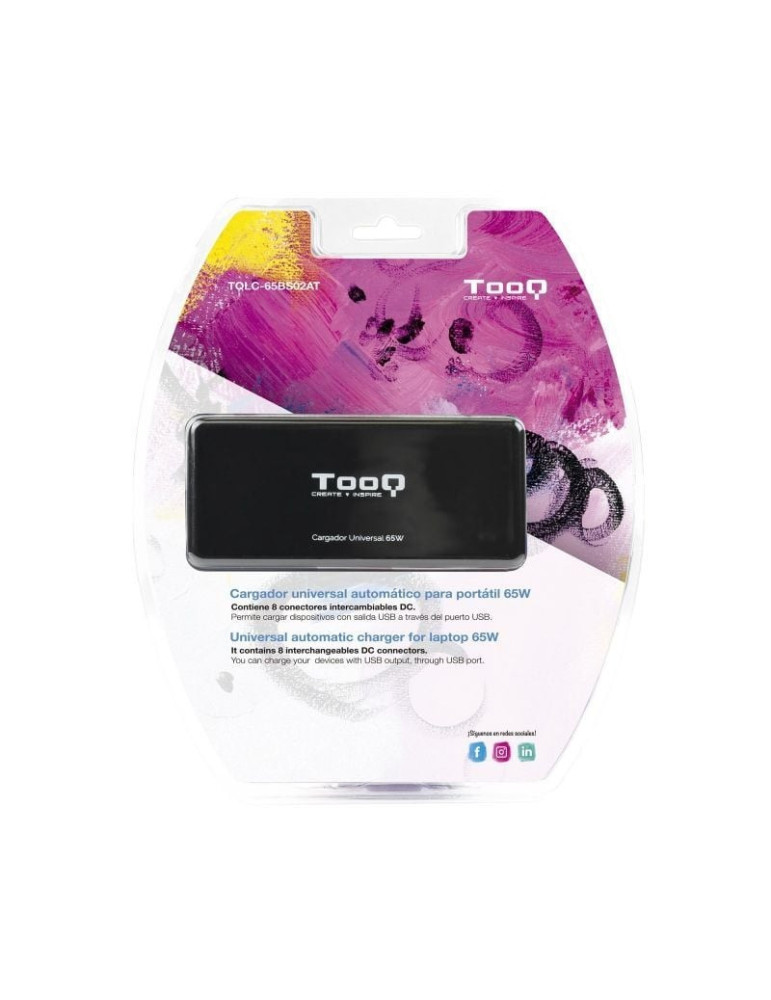 Cargador de Portátil TooQ TQLC-65BS02AT/ 65W/ 1xUSB/ Automático/ 8 Conectores/ Voltaje 18.5-20V/ 1 USB