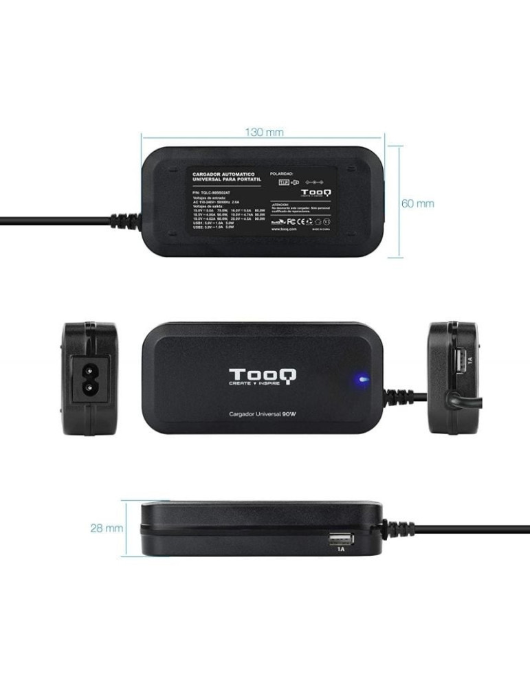 Cargador de Portátil TooQ TQLC-90BS02AT/ 90W/ 2xUSB/ Automático/ 12 Conectores/ Voltaje 12-20V