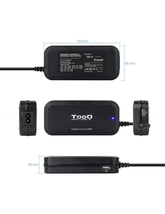 Cargador de Portátil TooQ TQLC-90BS02AT/ 90W/ 2xUSB/ Automático/ 12 Conectores/ Voltaje 12-20V