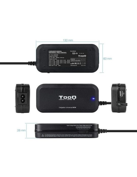 Cargador de Portátil TooQ TQLC-90BS02M/ 1xUSB/ 90W/ Manual/ 12 Conectores/ Voltaje 15-24V