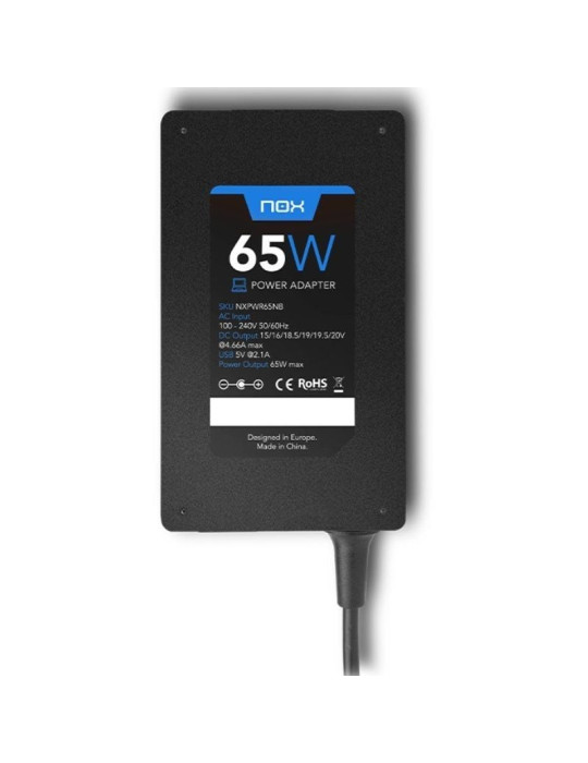 Cargador de Portátil Nox 65W/ 65W/ 1xUSB/ Automático/ 10 Conectores/ Voltaje 15-20V