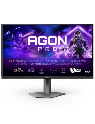 Monitor Gaming AOC AG276QZD2 26.5"/ WQHD/ Multimedia/ 0.03ms/ 240Hz/ QD-OLED/ Regulable en altura/ Negro