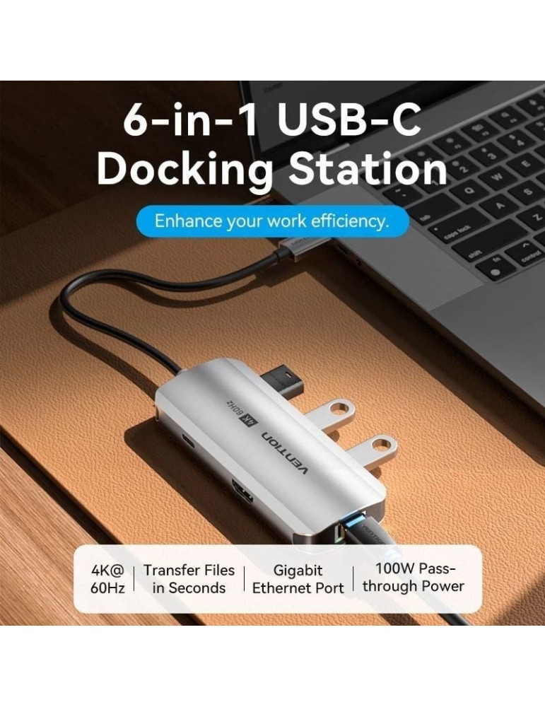 Docking USB Tipo-C Vention TQHHB/ 1xHDMI 4K/ 3xUSB/ 1xUSB Tipo-C PD/ 1xRJ45/ Gris