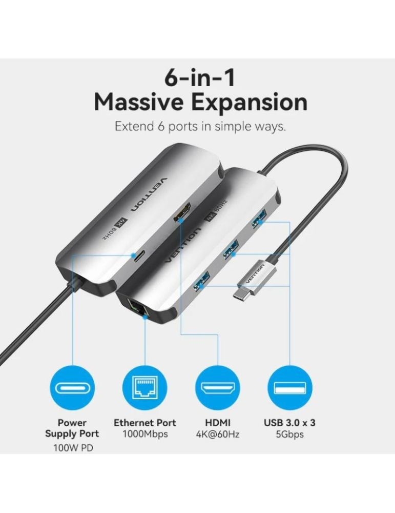 Docking USB Tipo-C Vention TQHHB/ 1xHDMI 4K/ 3xUSB/ 1xUSB Tipo-C PD/ 1xRJ45/ Gris