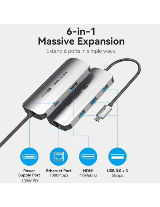 Docking USB Tipo-C Vention TQHHB/ 1xHDMI 4K/ 3xUSB/ 1xUSB Tipo-C PD/ 1xRJ45/ Gris