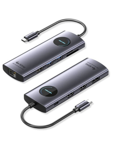 Docking USB Tipo-C Vention TQWHB/ 2xHDMI 4K/ 1xDisplayPort/ 3xUSB/ 1xUSB Tipo-C PD/ 1xRJ45/ 1xLector Tarjetas/ Gris