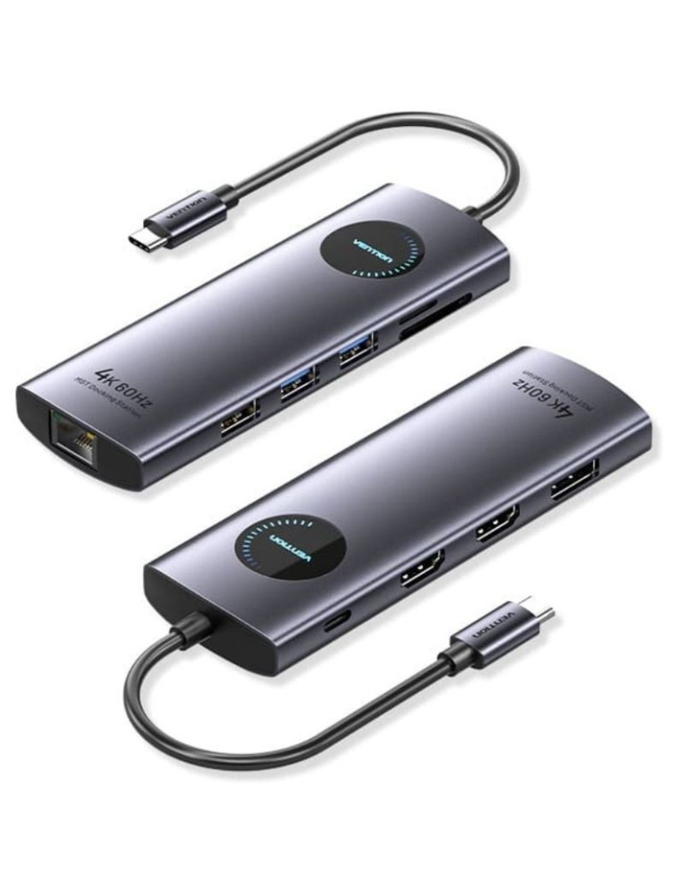 Docking USB Tipo-C Vention TQWHB/ 2xHDMI 4K/ 1xDisplayPort/ 3xUSB/ 1xUSB Tipo-C PD/ 1xRJ45/ 1xLector Tarjetas/ Gris