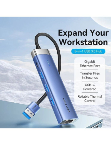 Hub USB 3.0 Vention TGFSB/ 3xUSB/ 1xRJ45/ 1xUSB Tipo-C PD/ Azul 2
