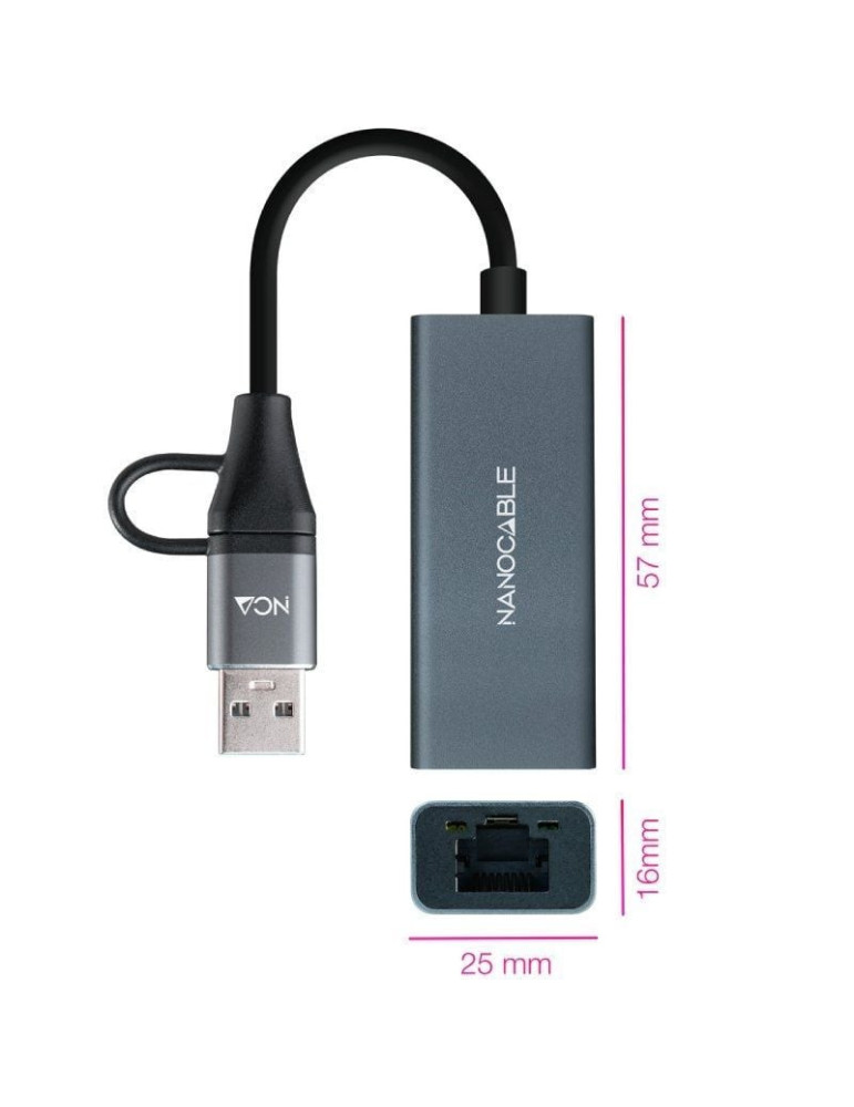 Adaptador USB Macho + USB Tipo-C Macho - RJ45 Nanocable 10.03.0411/ 1000Mbps