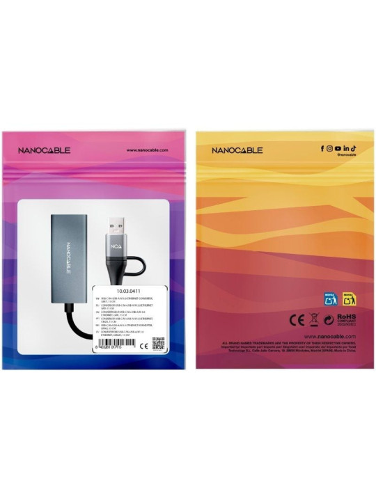 Adaptador USB Macho + USB Tipo-C Macho - RJ45 Nanocable 10.03.0411/ 1000Mbps