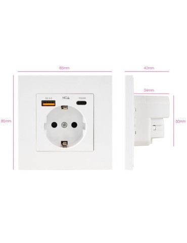 Roseta de Pared Nanocable 10 35 0011/ 1 Schuko/ 1 USB Tipo-C/ 1 USB 2