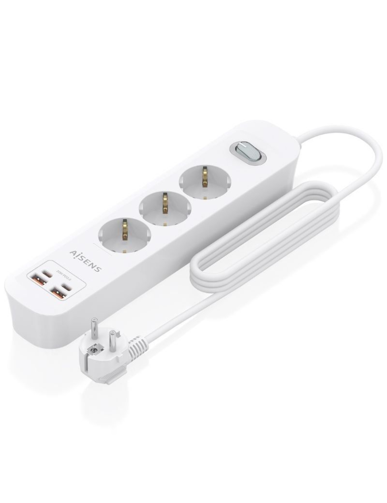 Regleta con Interruptor Aisens ASPS-2A2C10-W/ 3 Tomas de Corriente/ 2 USB - 2 USB Tipo-C/ Cable 1.4m/ Blanco