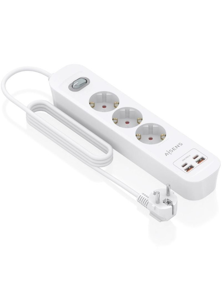Regleta con Interruptor Aisens ASPS-2A2C10-W/ 3 Tomas de Corriente/ 2 USB - 2 USB Tipo-C/ Cable 1.4m/ Blanco
