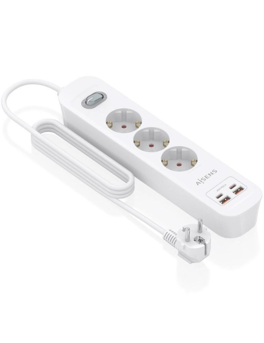 Regleta con Interruptor Aisens ASPS-2A2C10-W/ 3 Tomas de Corriente/ 2 USB - 2 USB Tipo-C/ Cable 1.4m/ Blanco