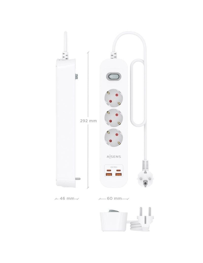 Regleta con Interruptor Aisens ASPS-2A2C10-W/ 3 Tomas de Corriente/ 2 USB - 2 USB Tipo-C/ Cable 1.4m/ Blanco