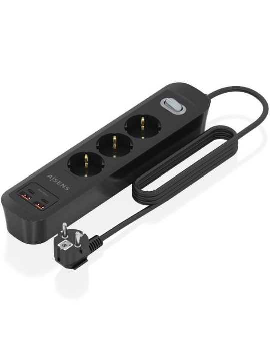 Regleta con Interruptor Aisens ASPS-2A2C11-BK/ 3 Tomas de Corriente/ 2 USB - 2 USB Tipo-C/ Cable 1.4m/ Negro