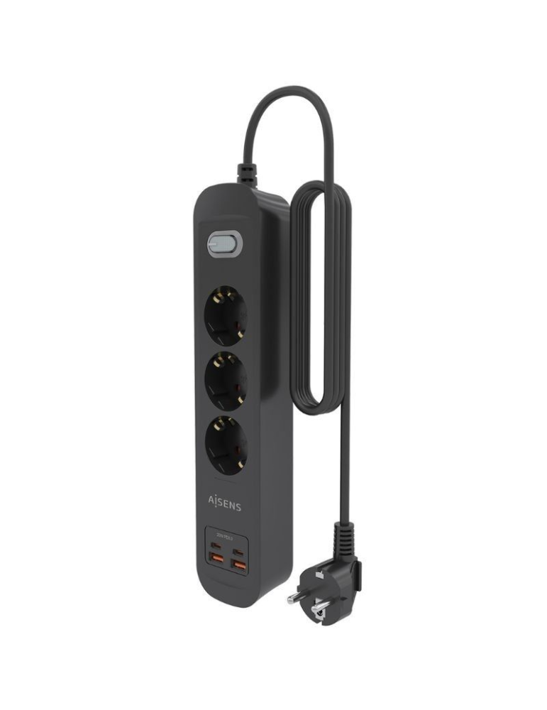 Regleta con Interruptor Aisens ASPS-2A2C11-BK/ 3 Tomas de Corriente/ 2 USB - 2 USB Tipo-C/ Cable 1.4m/ Negro