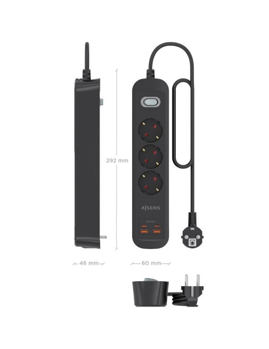 Regleta con Interruptor Aisens ASPS-2A2C11-BK/ 3 Tomas de Corriente/ 2 USB - 2 USB Tipo-C/ Cable 1.4m/ Negro
