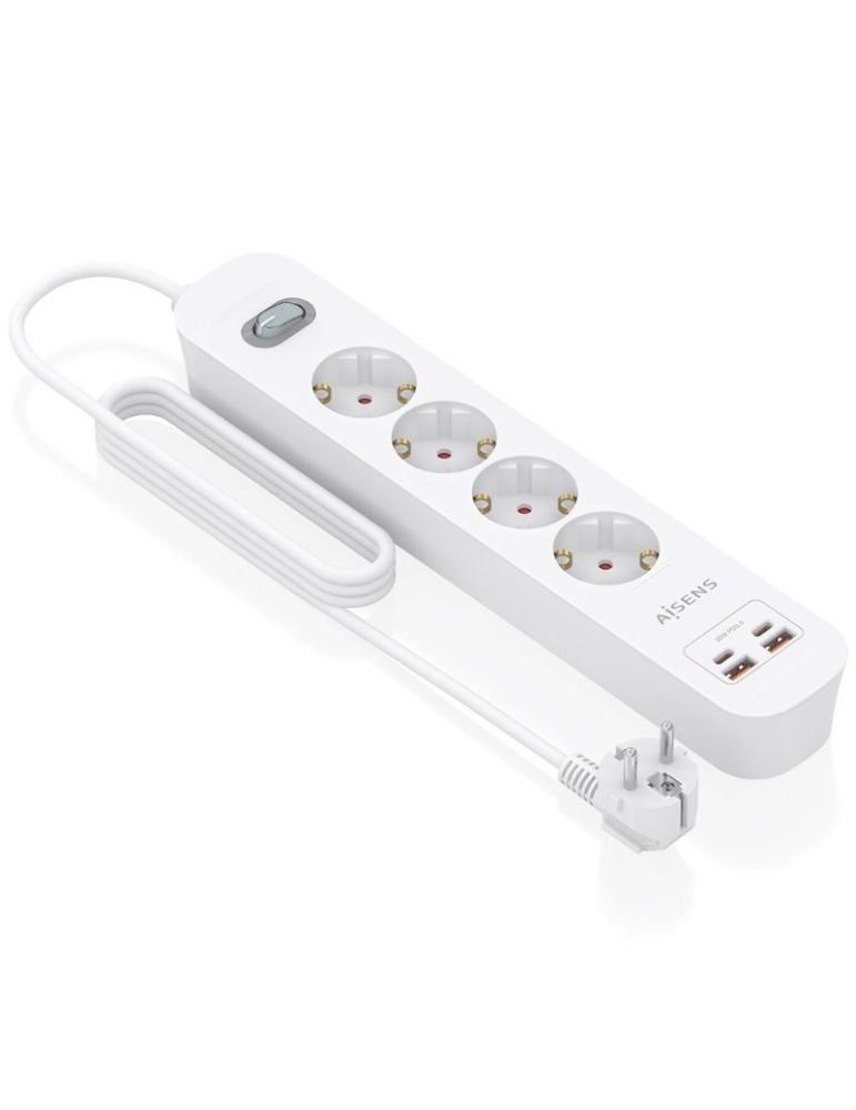Regleta con Interruptor Aisens ASPS-2A2C12-W/ 4 Tomas de Corriente/ 2 USB - 2 USB Tipo-C/ Cable 1.4m/ Blanco