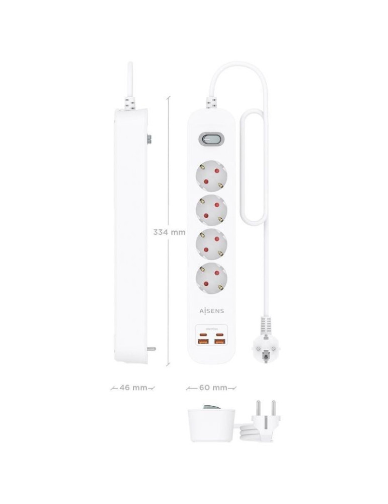 Regleta con Interruptor Aisens ASPS-2A2C12-W/ 4 Tomas de Corriente/ 2 USB - 2 USB Tipo-C/ Cable 1.4m/ Blanco