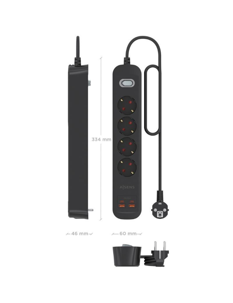 Regleta con Interruptor Aisens ASPS-2A2C13-BK/ 4 Tomas de Corriente/ 2 USB - 2 USB Tipo-C/ Cable 1.4m/ Negro