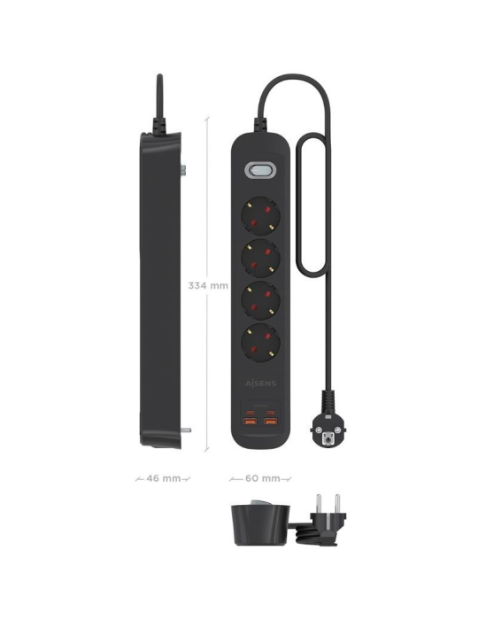 Regleta con Interruptor Aisens ASPS-2A2C13-BK/ 4 Tomas de Corriente/ 2 USB - 2 USB Tipo-C/ Cable 1.4m/ Negro