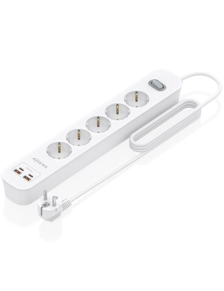 Regleta con Interruptor Aisens ASPS-2A2C14-W/ 5 Tomas de Corriente/ 2 USB - 2 USB Tipo-C/ Cable 1.4m/ Blanco