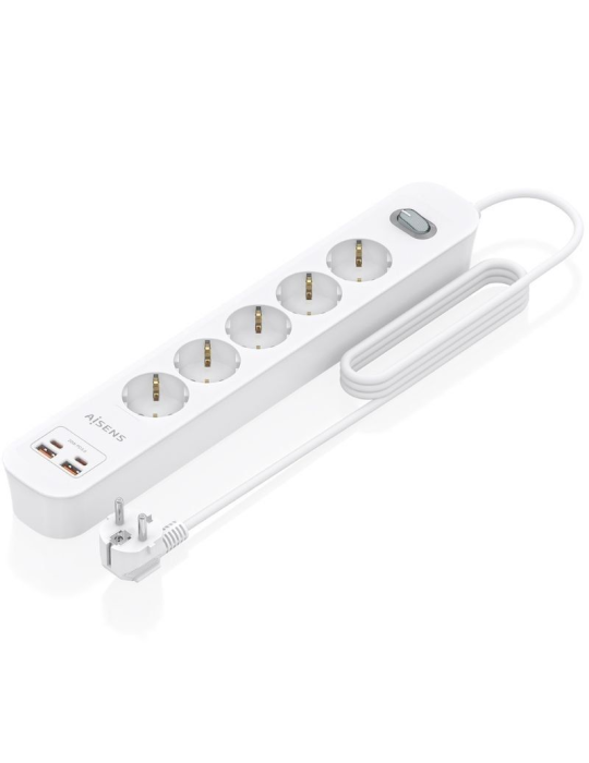 Regleta con Interruptor Aisens ASPS-2A2C14-W/ 5 Tomas de Corriente/ 2 USB - 2 USB Tipo-C/ Cable 1.4m/ Blanco
