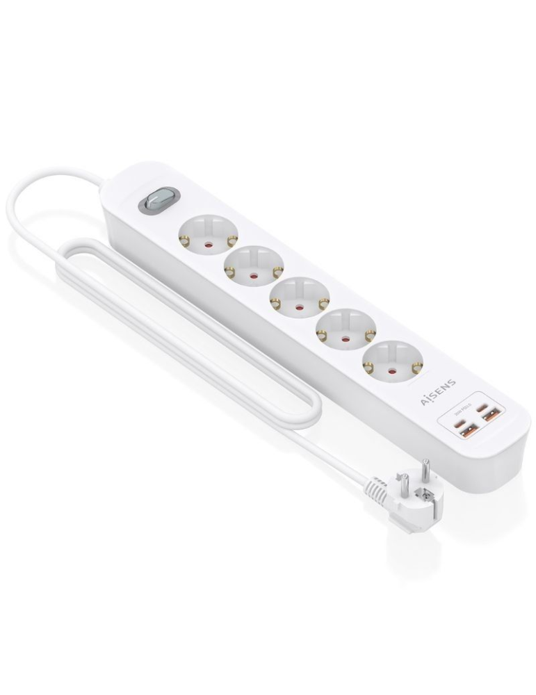 Regleta con Interruptor Aisens ASPS-2A2C14-W/ 5 Tomas de Corriente/ 2 USB - 2 USB Tipo-C/ Cable 1.4m/ Blanco
