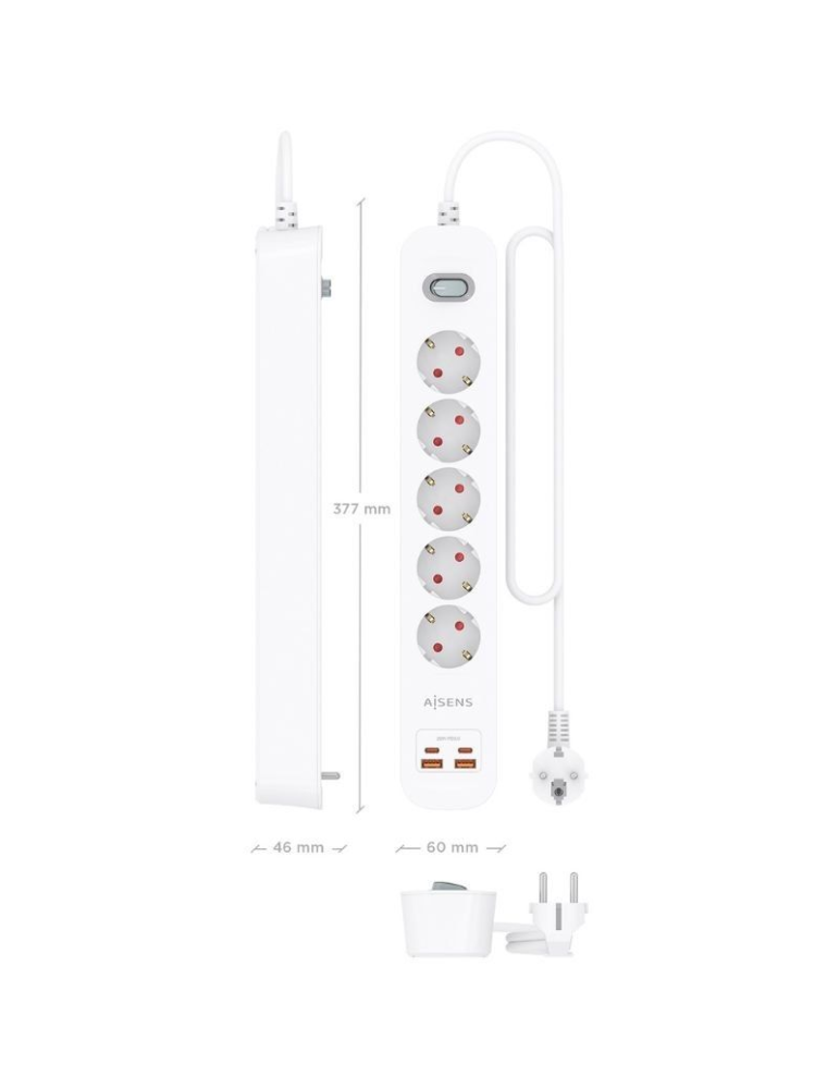 Regleta con Interruptor Aisens ASPS-2A2C14-W/ 5 Tomas de Corriente/ 2 USB - 2 USB Tipo-C/ Cable 1.4m/ Blanco
