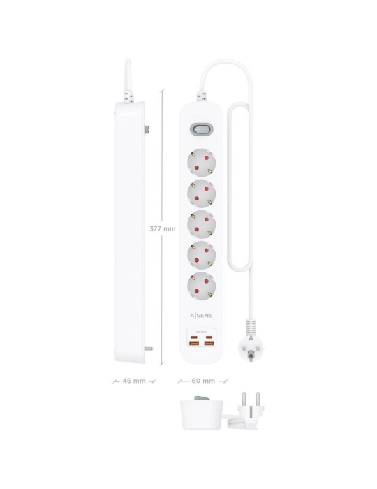 Regleta con Interruptor Aisens ASPS-2A2C14-W/ 5 Tomas de Corriente/ 2 USB - 2 USB Tipo-C/ Cable 1.4m/ Blanco