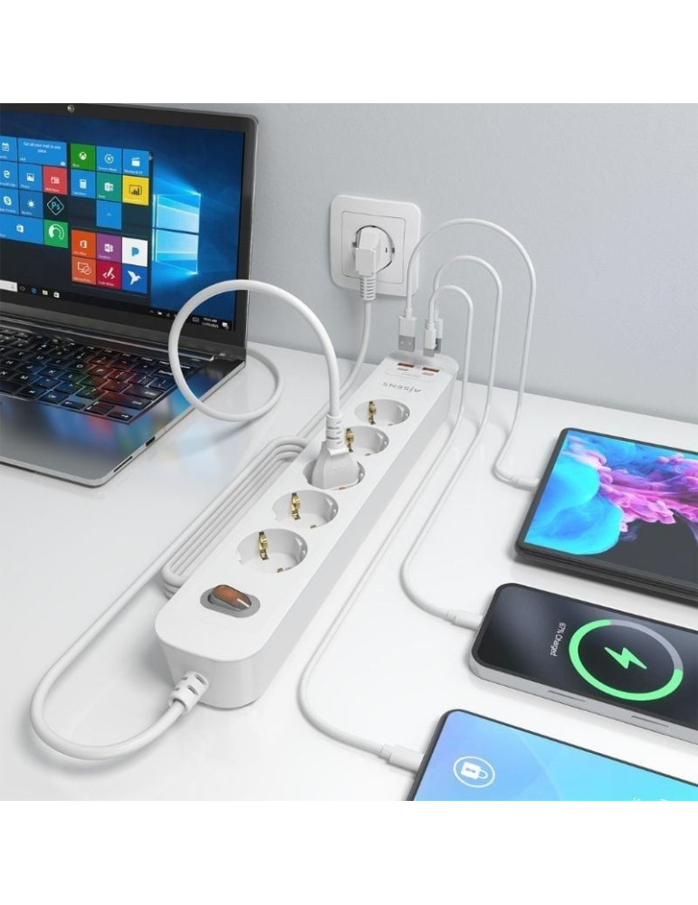 Regleta con Interruptor Aisens ASPS-2A2C14-W/ 5 Tomas de Corriente/ 2 USB - 2 USB Tipo-C/ Cable 1.4m/ Blanco